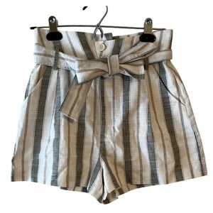 Cotton Linen Blend Striped High-Waisted Tie Paper Bag‎ Shorts Aqua Women's XS